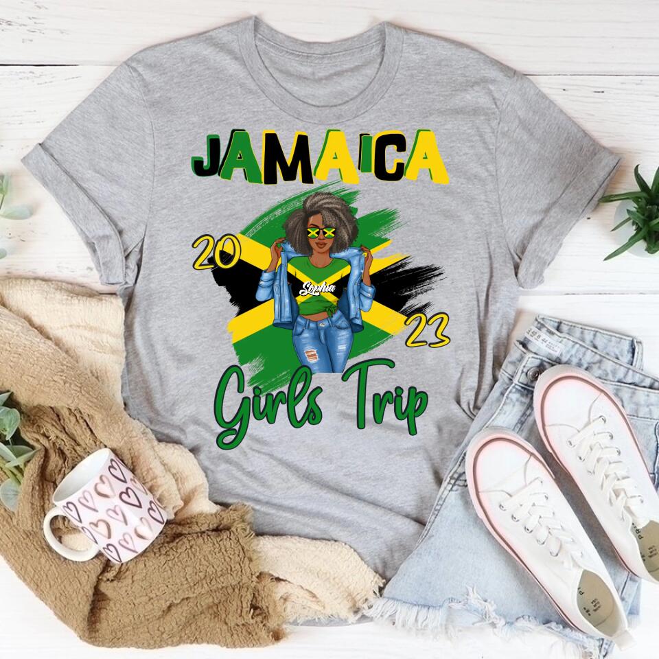 Jamaica Girl Queen Shirt Jamaincan Queen African American Afro Woman Jamaica Flag Gift Jamaica Girls Trip Vacation Travel Matching Lips 2023 T-Shirt