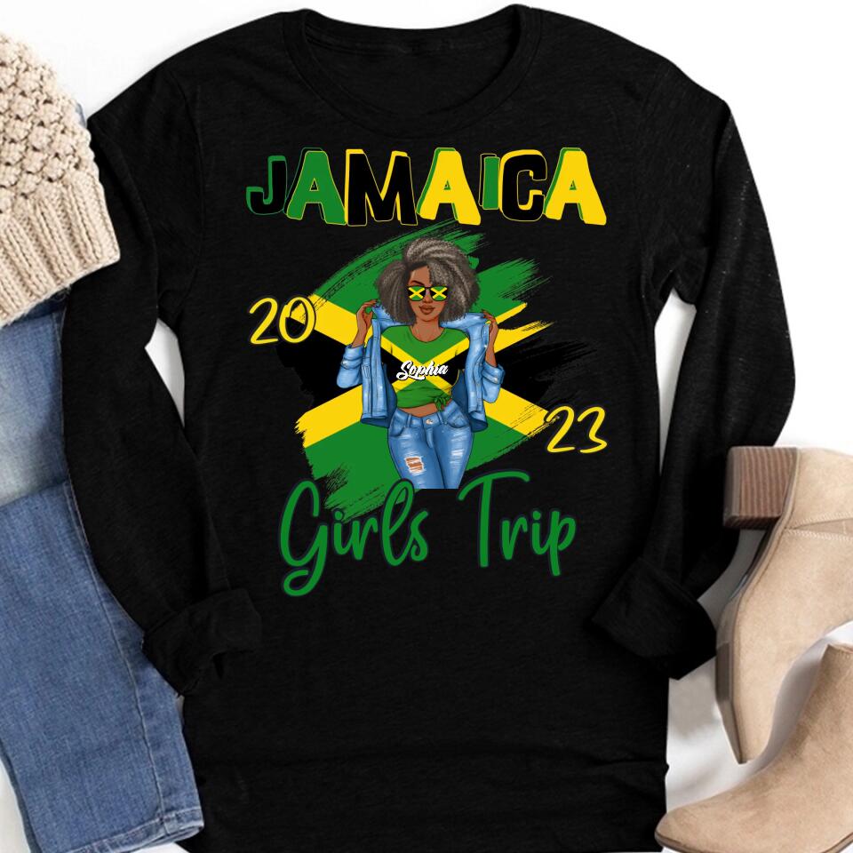 Jamaica Girl Queen Shirt Jamaincan Queen African American Afro Woman Jamaica Flag Gift Jamaica Girls Trip Vacation Travel Matching Lips 2023 T-Shirt