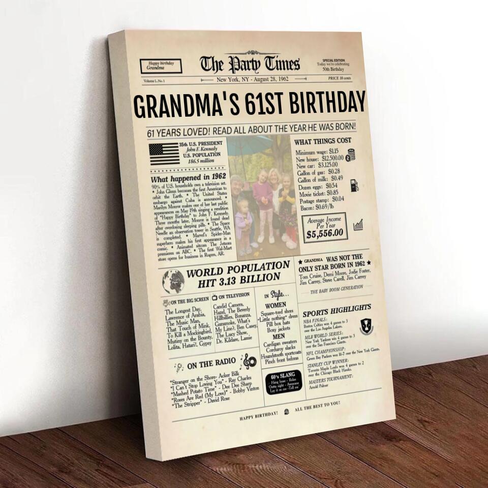 Personalized 61st birthday gift for men or women, 61st birthday newspaper poster, 61st birthday decor Printable, 61 years ago back in 1962