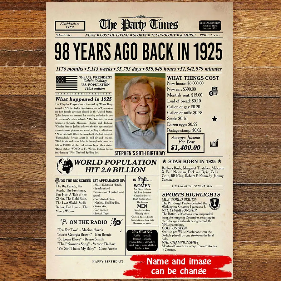 Personalized 98th Birthday Gift 98th Birthday Newspaper Poster Canvas 98th Birthday Decor Printable 98 Years Ago Back In 1925