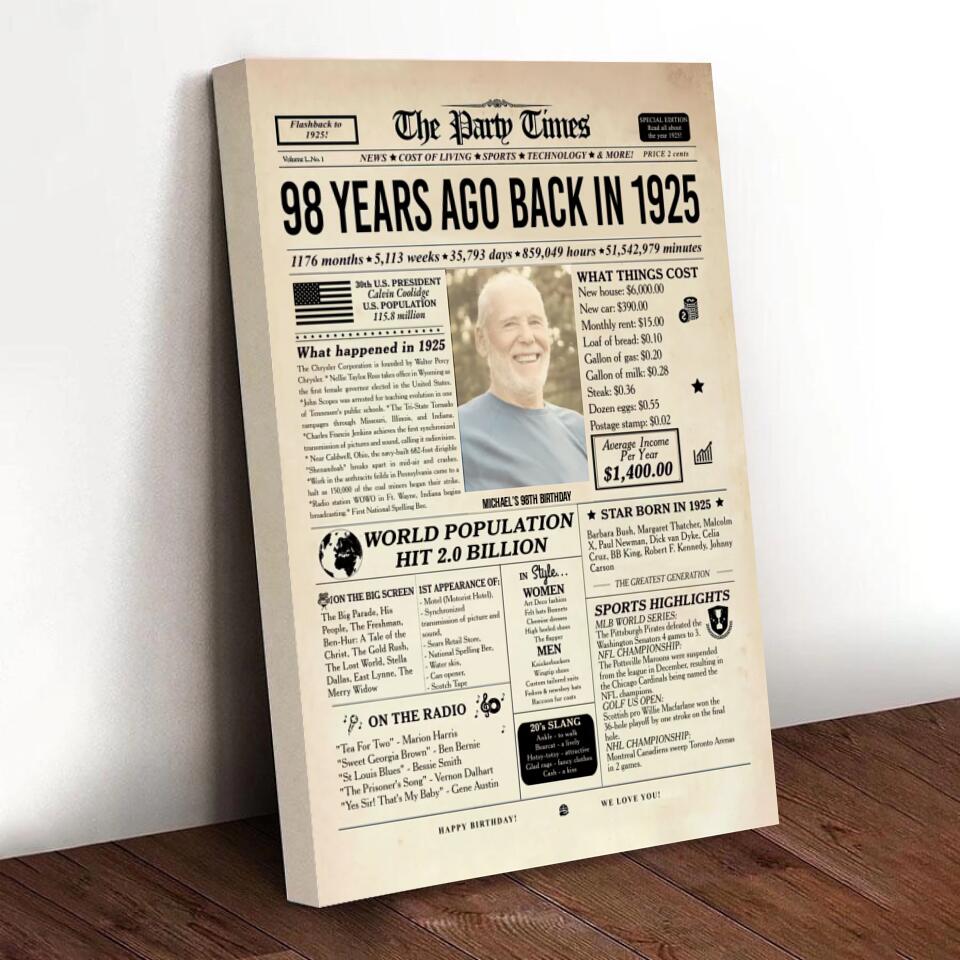 Personalized 98th Birthday Gift 98th Birthday Newspaper Poster Canvas 98th Birthday Decor Printable 98 Years Ago Back In 1925