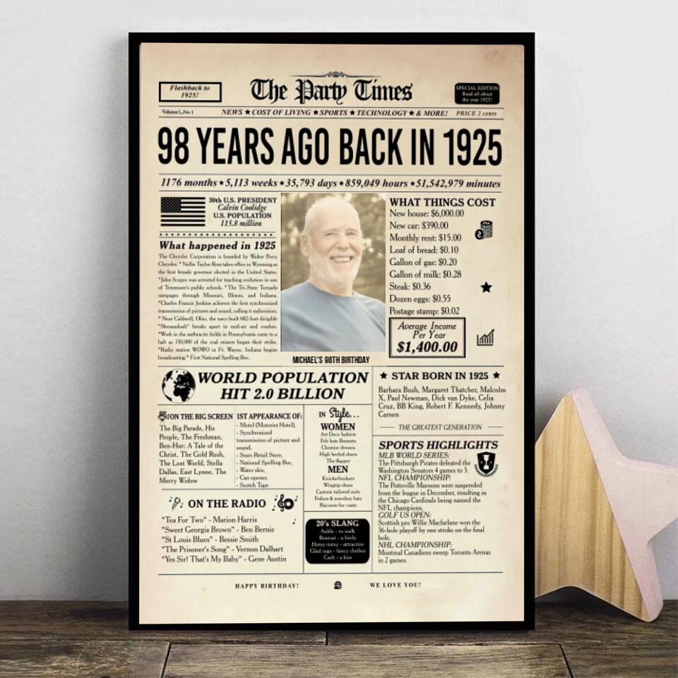 Personalized 98th Birthday Gift 98th Birthday Newspaper Poster Canvas 98th Birthday Decor Printable 98 Years Ago Back In 1925