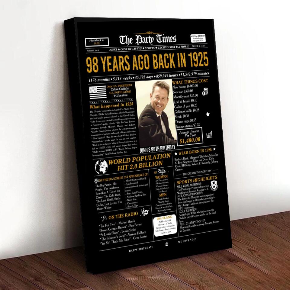 Personalized 98th birthday gift for men or women, 98th birthday newspaper poster, 98th birthday decor Printable, 98 years ago back in 1925