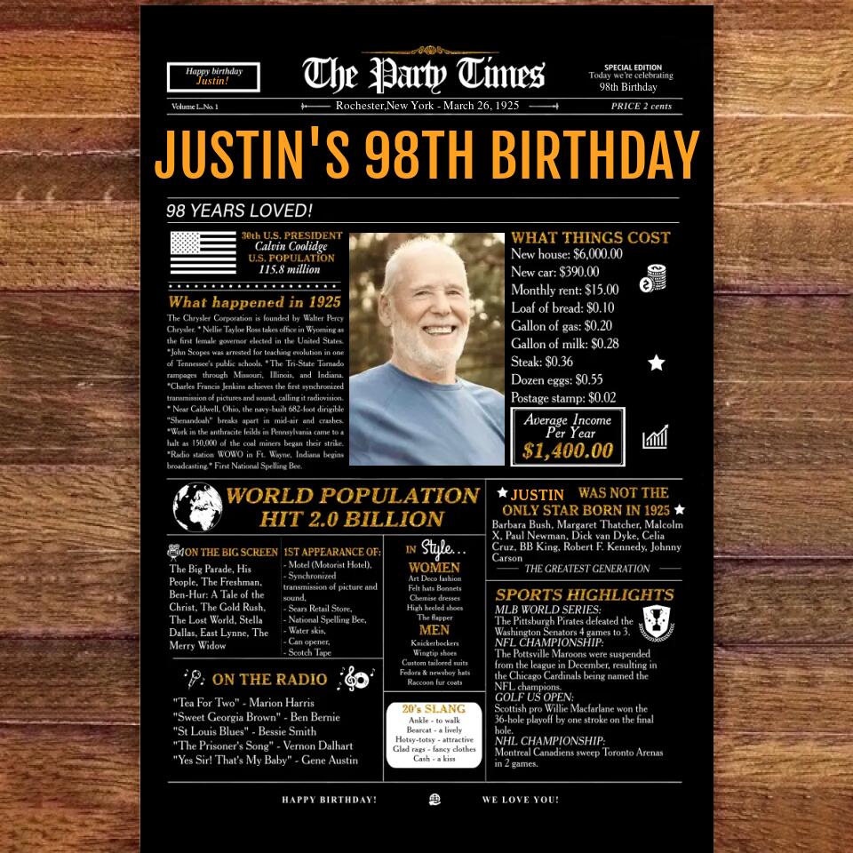 98th birthday gift for men or women, 1925 birthday newspaper poster sign, 98 and Fabulous, 98th birthday party decorations, back in 1925