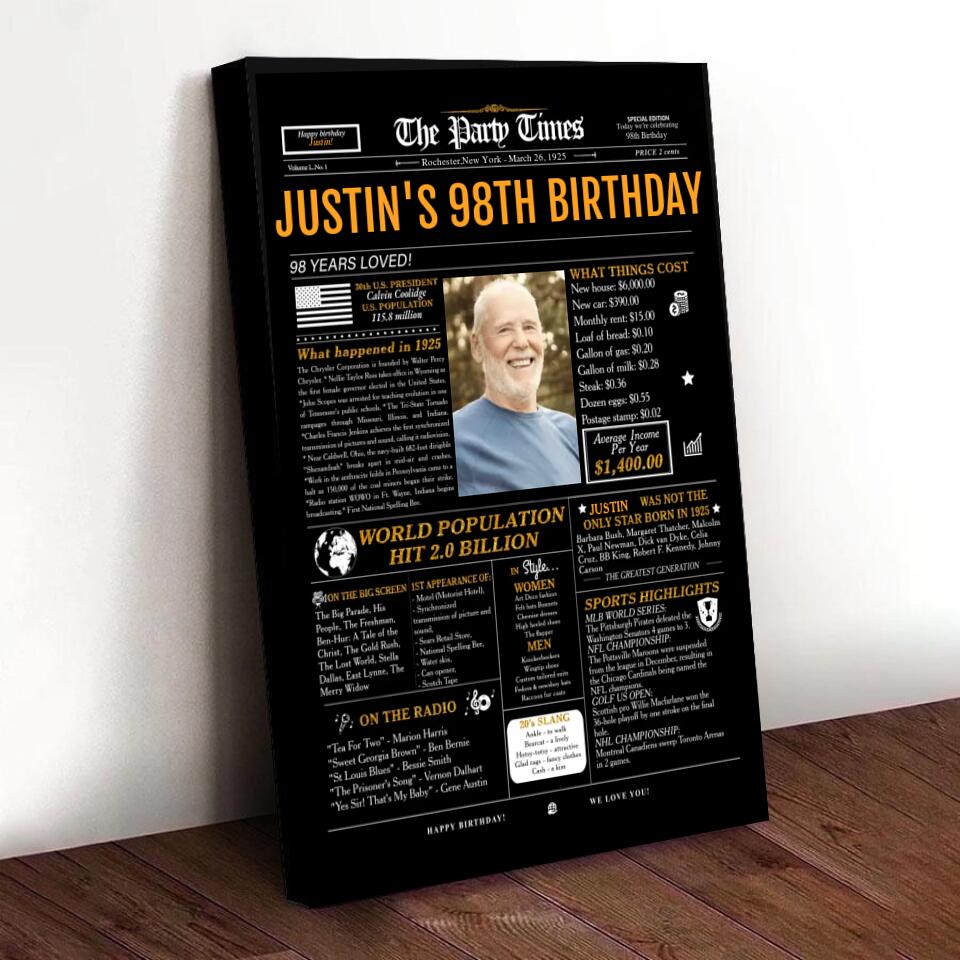 98th birthday gift for men or women, 1925 birthday newspaper poster sign, 98 and Fabulous, 98th birthday party decorations, back in 1925