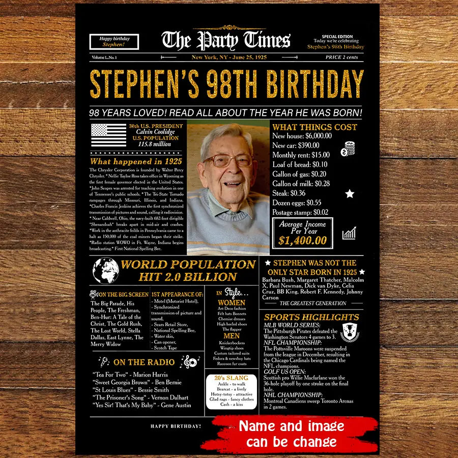 98th birthday gift for men or women, 1925 birthday newspaper poster sign, 98 and Fabulous, 98th birthday party decorations, back in 1925