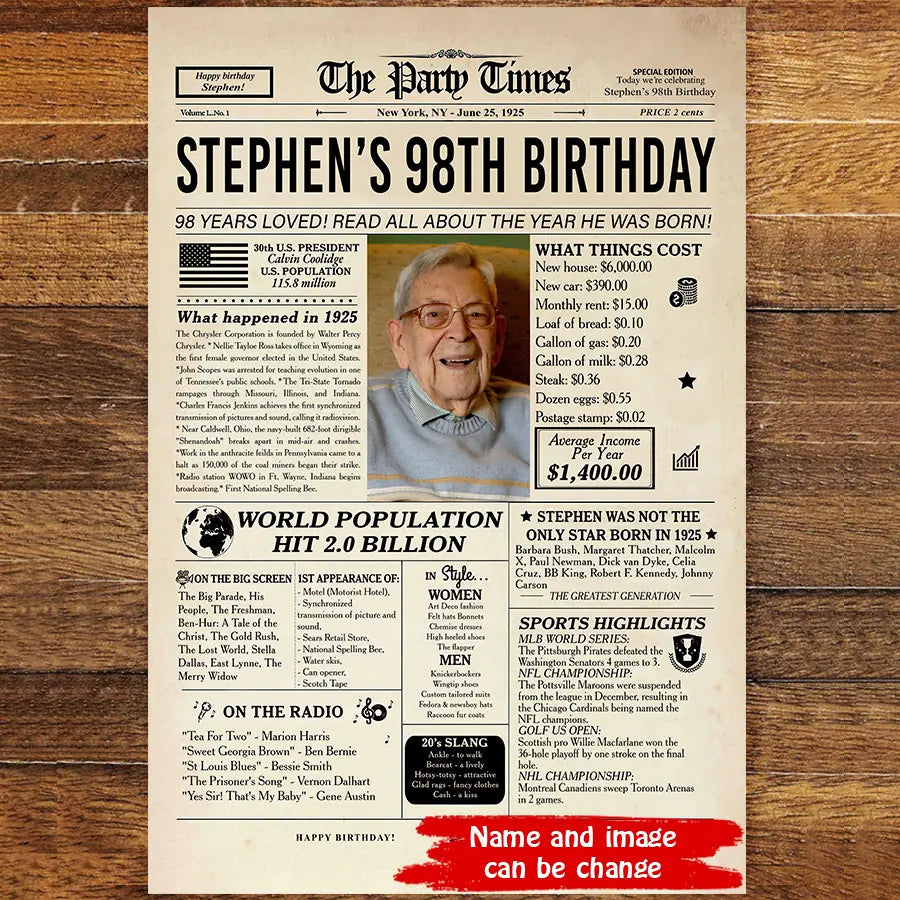 Personalized 98th birthday gift for men or women, 98th birthday newspaper poster, 98th birthday decor Printable, 98 years ago back in 1925