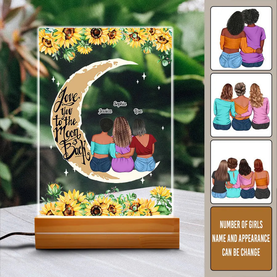 Love To The Moon And Back Mom And Daughters - Personalized 3D LED Light Wooden Base - Birthday Mother's Day Gift For Mom - Gift From Daughters