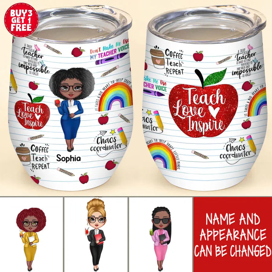 Personalized Wine Tumbler - Gift For Teacher - Cartoon Teacher - Teacher Mode Tumbler, Funny Teacher Wine Tumbler, Teacher Life