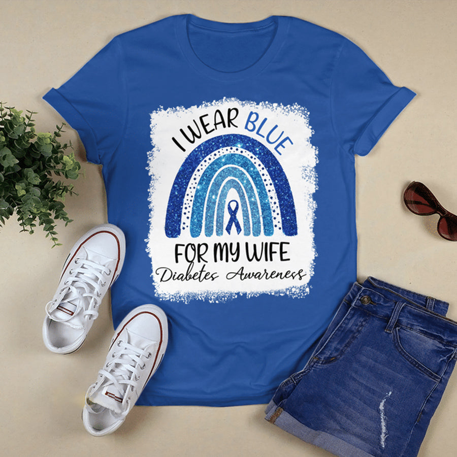 I Wear Blue For My Wife Rainbow T Shirt , T1D Diabetes Awareness Gift, World Diabetes Day, Blue Ribbon