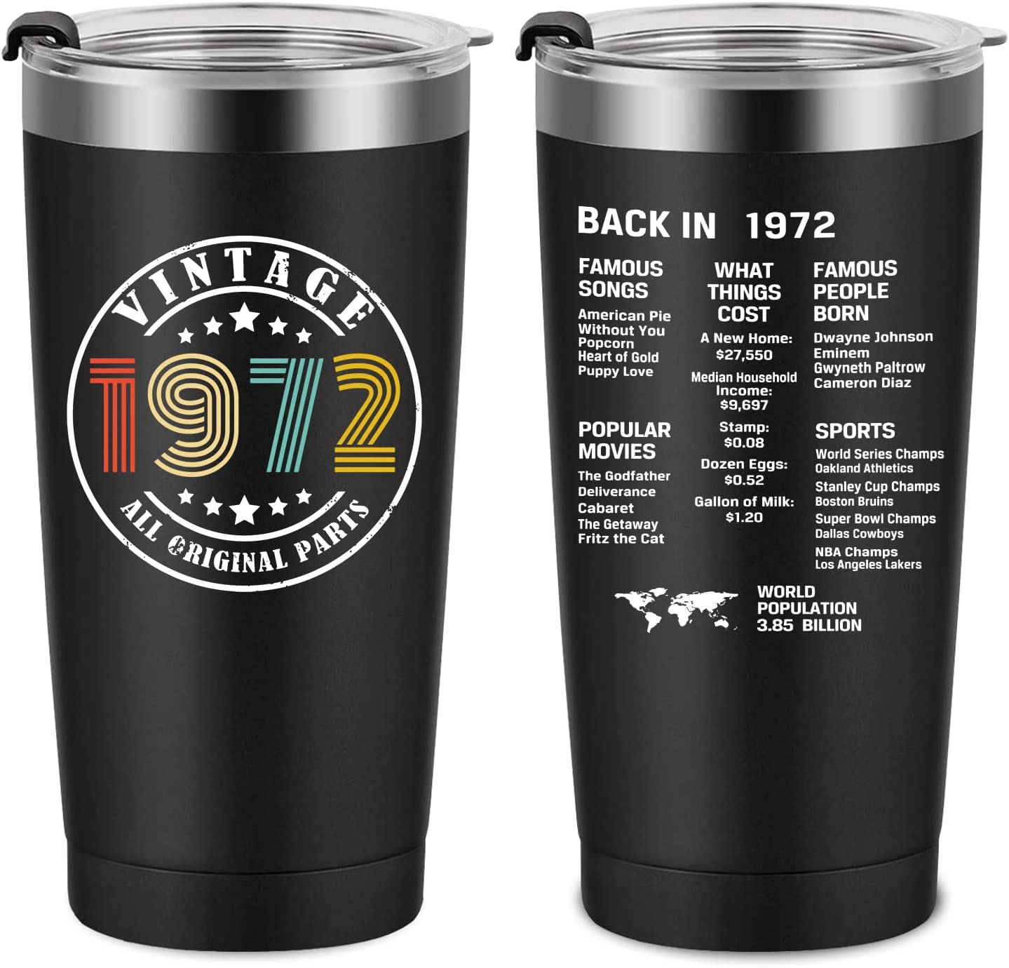 50th Birthday Gifts for Men Women Friends, Tumbler 20 oz, Double Sided Printed Birthday, Back in 1972 Old Time Information