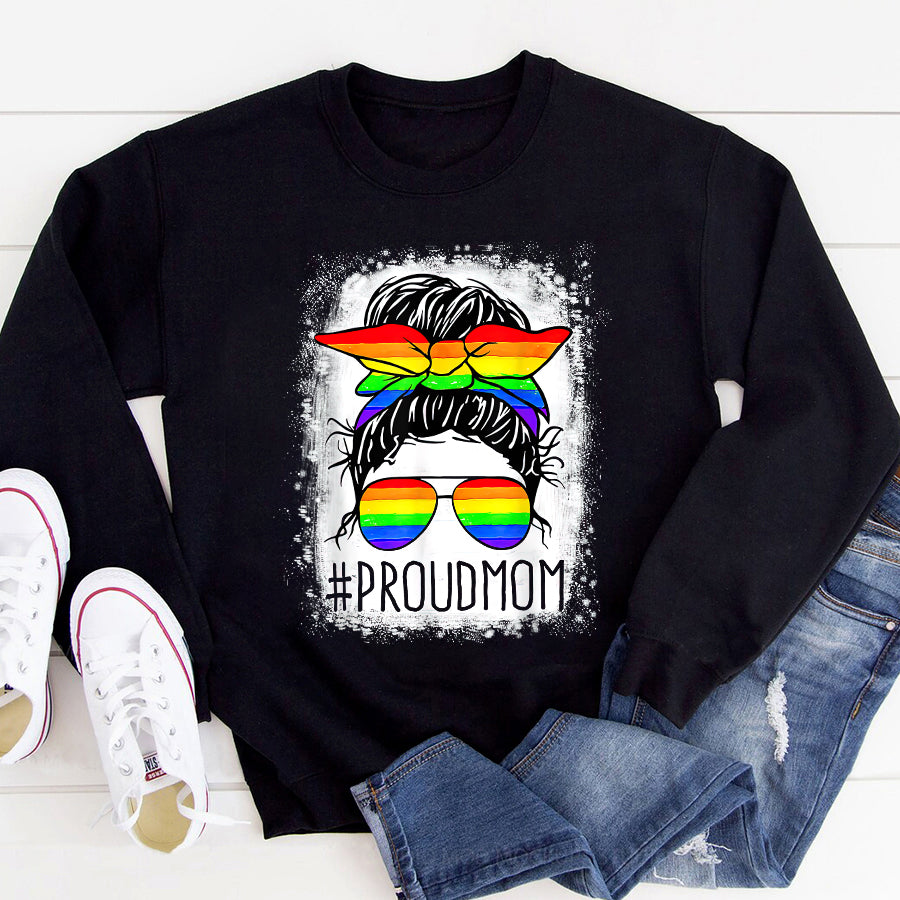LGBT Shirts, Rainbow Pride Shirt, Proud Mom Messy Hair Bun LGBTQ Rainbow Flag LGBT Pride Ally T-Shirt