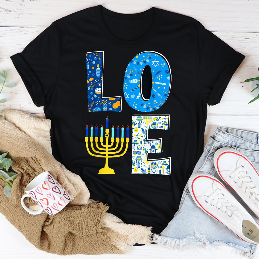 Love Cute Hanukkah Decoration Menorah Pajama Matching Family T Shirt, Funny Hanukkah Shirts, Chanukah Gifts