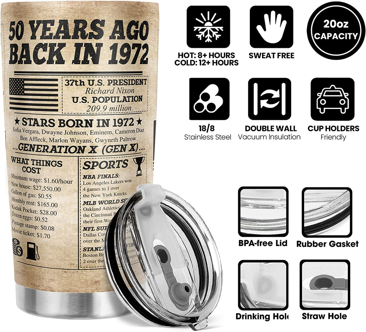 1972 50th Birthday Gifts for Women, Men - 50th Birthday Decorations Women, Men - 50 Year Old Gifts for Women, Men - Birthday Gifts Ideas for Men, Women - Back in 1972 Stainless Steel 20 Oz Tumbler