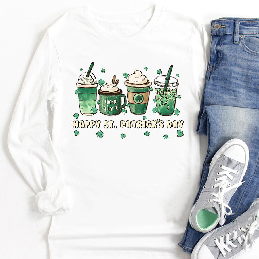 St. Patrick&#39;s coffee Shirts, Lucky latte lover iced cute funny gifts, Shamrock Shirt, Saint Patricks Day Shirt