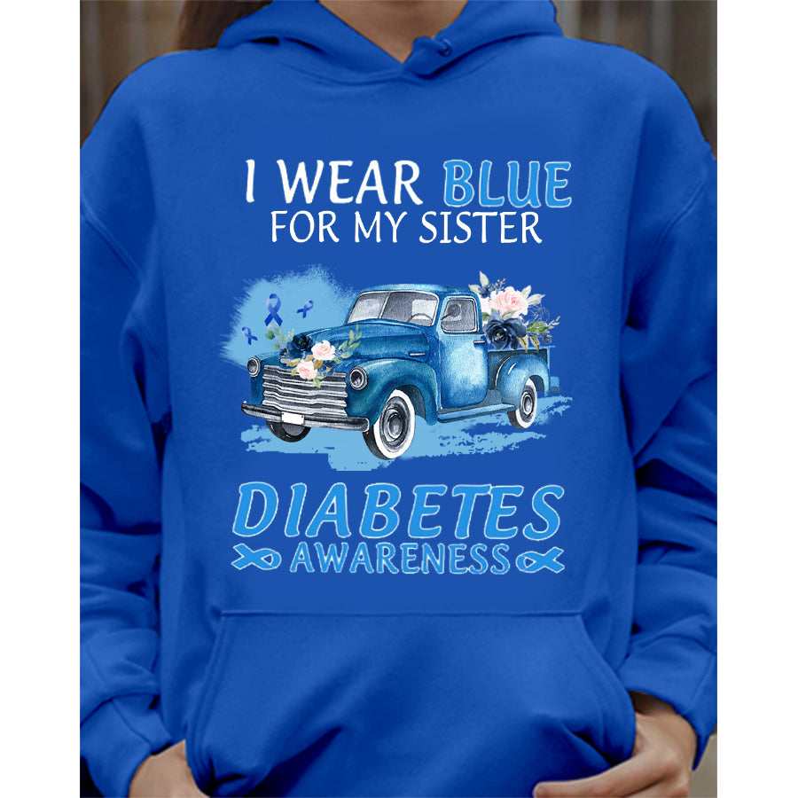 Truck Car I Wear Blue For My Sister T Shirt , T1D Diabetes Awareness Gift, World Diabetes Day, Blue Ribbon