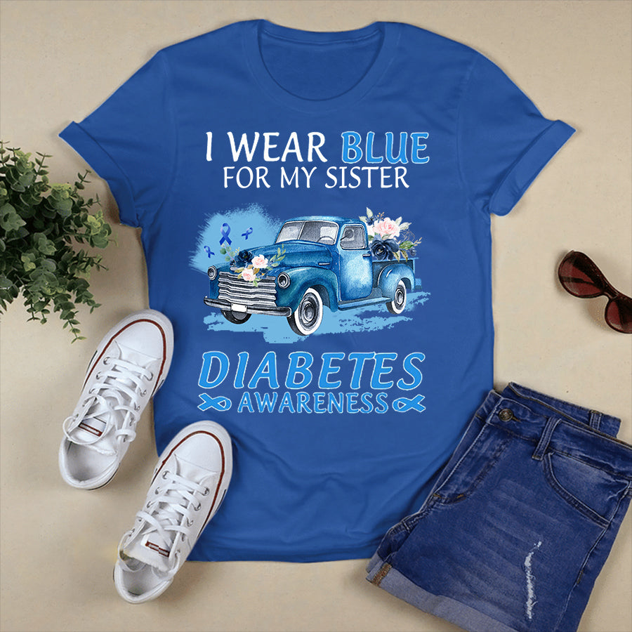 Truck Car I Wear Blue For My Sister T Shirt , T1D Diabetes Awareness Gift, World Diabetes Day, Blue Ribbon