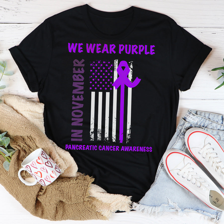 In November We Wear Purple Pancreatic Cancer Awareness T Shirt , Pancreatic Cancer Awareness Ribbon Day Shirt ,Purple Ribbon Gift