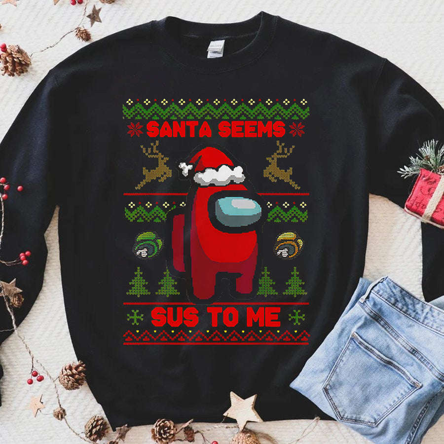 Santa seems sus to me christmas t shirt, among us christmas shirts, crewmate shirt, best christmas gifts unisex shirt