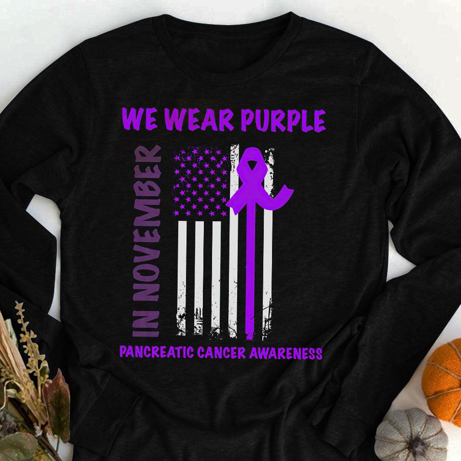In November We Wear Purple Pancreatic Cancer Awareness T Shirt , Pancreatic Cancer Awareness Ribbon Day Shirt ,Purple Ribbon Gift