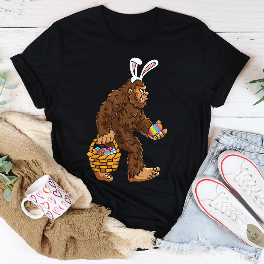 Easter Shirt Easter Bigfoot With Egg Basket Funny Boys Kids Sasquatch T-Shirt Funny Easter Gift For Kids