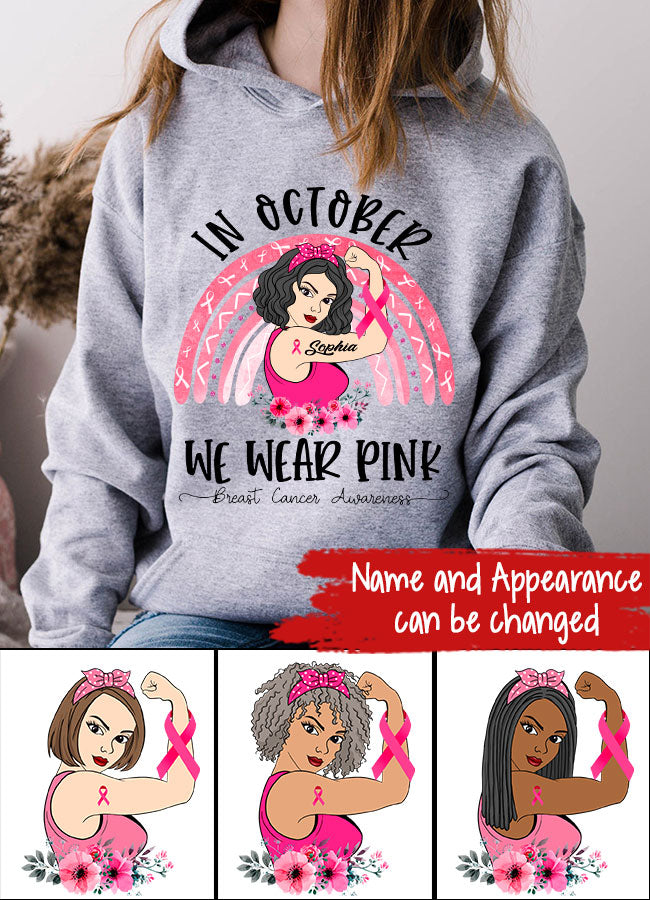Custom Breast Cancer Shirts for Women Personalized Breast Cancer Shirt Rainbow in October We Wear Pink Breast Cancer Awareness T-Shirt