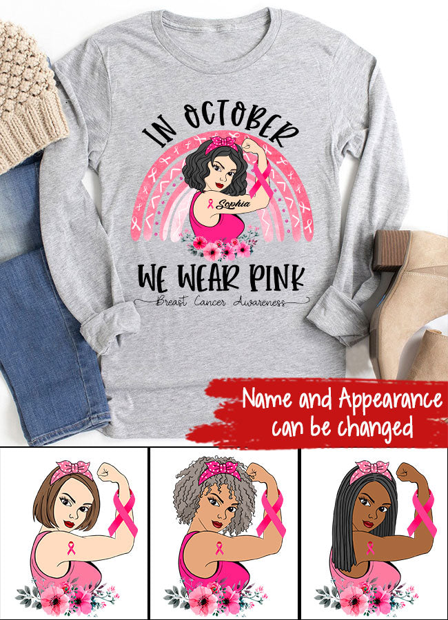 Custom Breast Cancer Shirts for Women Personalized Breast Cancer Shirt Rainbow in October We Wear Pink Breast Cancer Awareness T-Shirt
