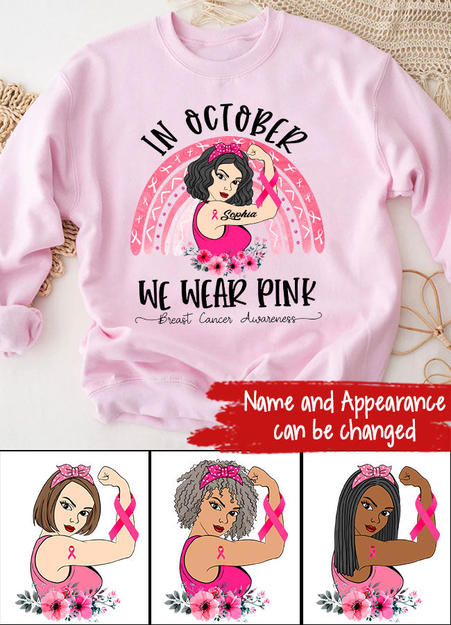 Custom Breast Cancer Shirts for Women Personalized Breast Cancer Shirt Rainbow in October We Wear Pink Breast Cancer Awareness T-Shirt