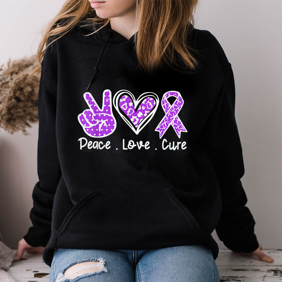 In November We Wear Purple Pancreatic Cancer Awareness Peace Love Cure T Shirt , Pancreatic Cancer Awareness Ribbon Day Shirt ,Purple Ribbon Gift