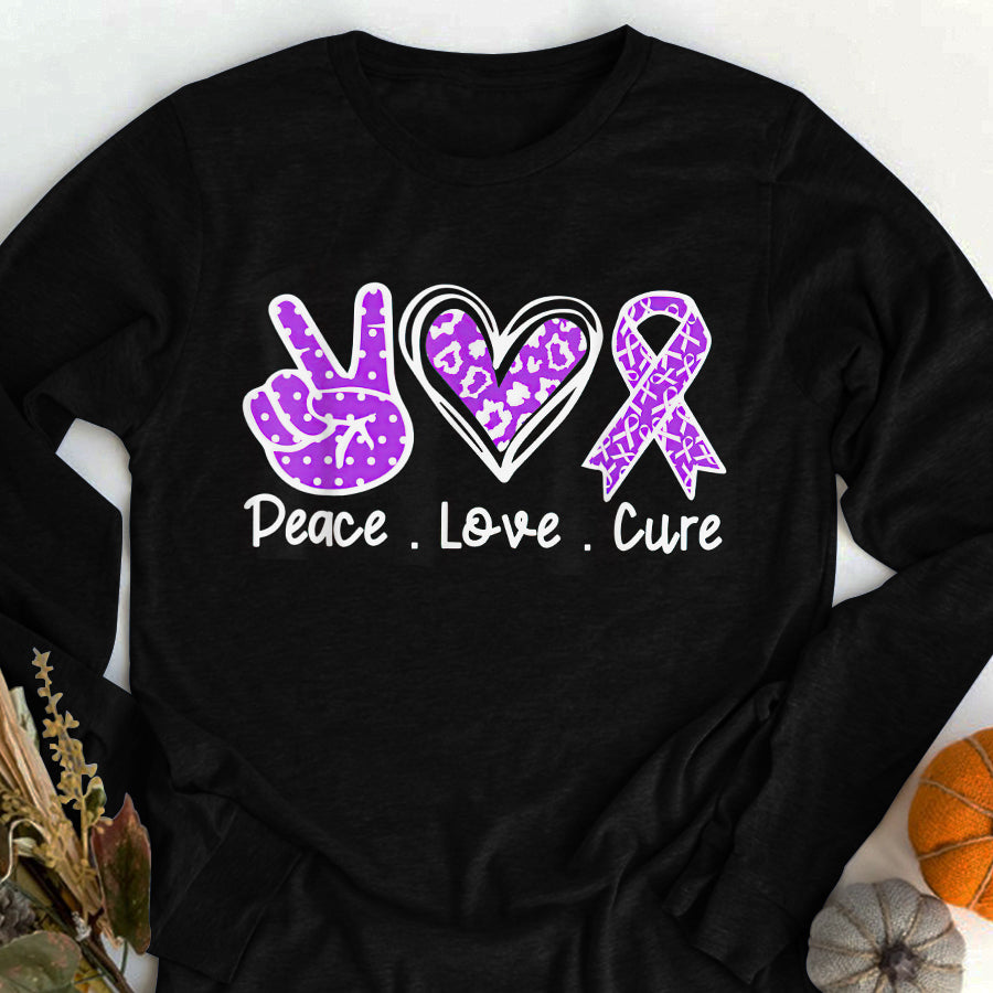 In November We Wear Purple Pancreatic Cancer Awareness Peace Love Cure T Shirt , Pancreatic Cancer Awareness Ribbon Day Shirt ,Purple Ribbon Gift