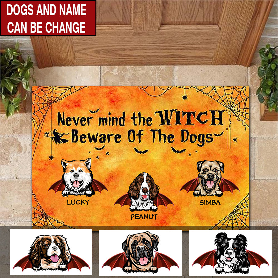 Never mind the witch beware of the Dogs Halloween doormat, Personalized Dog Doormat, Cute Indoor Door Mats, Decor Home