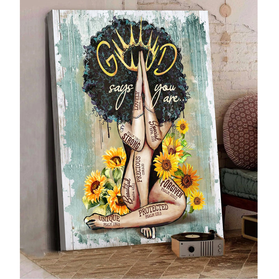 God says you are yoga canvas, Meditation Art Prints, Black Woman Painting Wall Decor, Yoga Lover Prints, sunflower lover, Yoga gift for black women, Home decor
