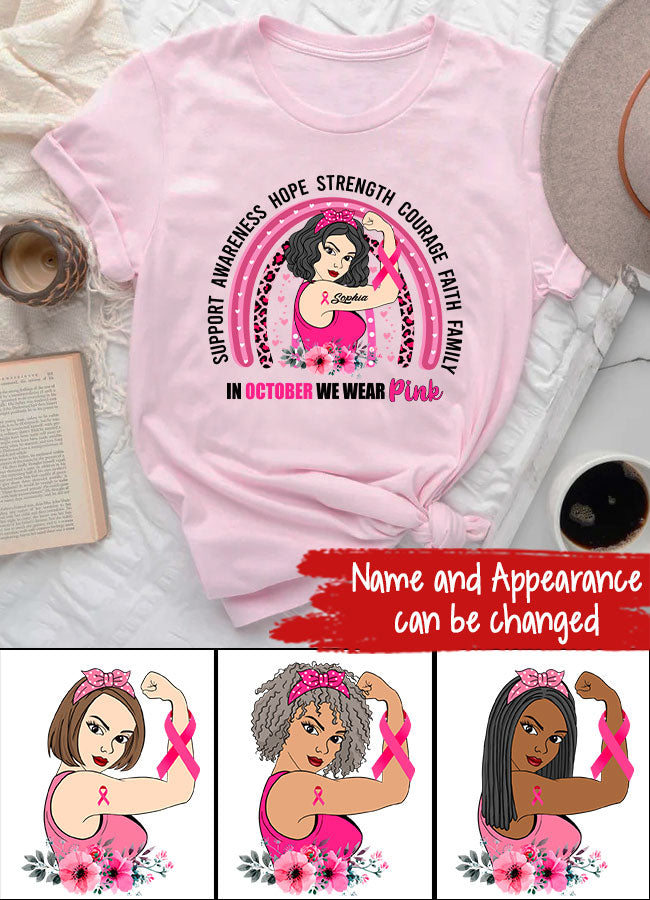 Custom Breast Cancer Shirts Personalized Breast Cancer Shirt Rainbow In October We Wear Pink Breast Cancer Awareness T-Shirt
