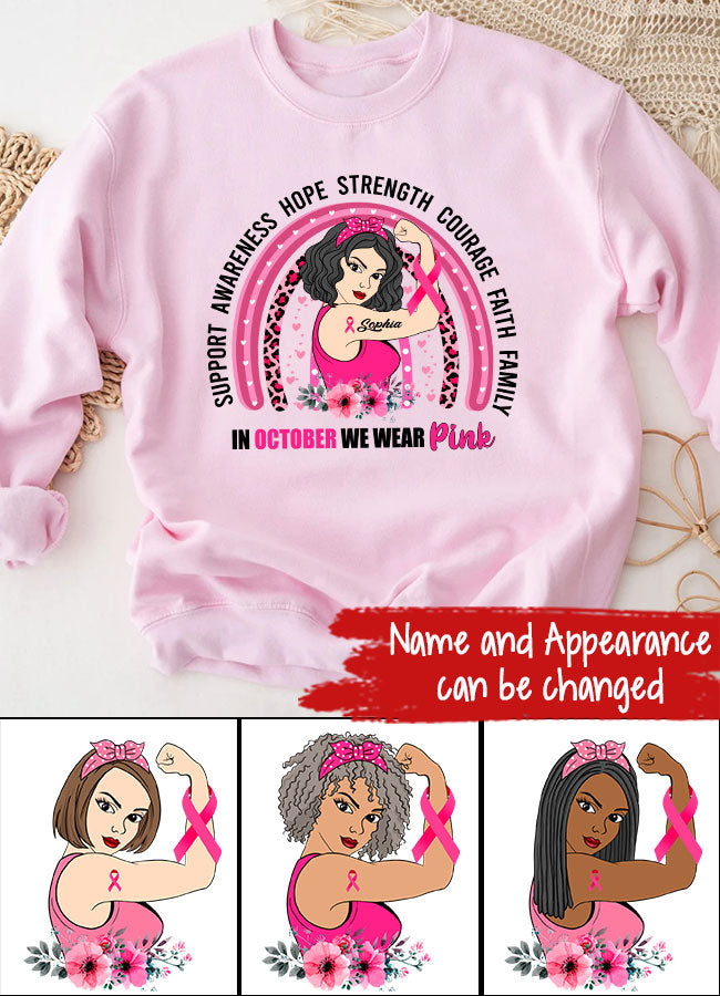 Custom Breast Cancer Shirts Personalized Breast Cancer Shirt Rainbow In October We Wear Pink Breast Cancer Awareness T-Shirt