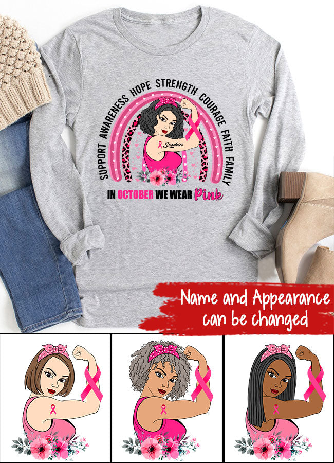 Custom Breast Cancer Shirts Personalized Breast Cancer Shirt Rainbow In October We Wear Pink Breast Cancer Awareness T-Shirt
