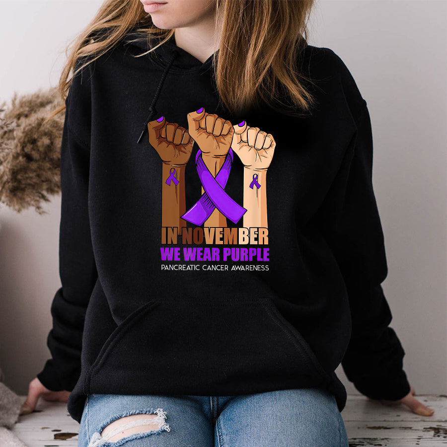 Hand In November We Wear Purple Pancreatic Cancer Awareness T Shirt , Pancreatic Cancer Awareness Ribbon Day Shirt ,Purple Ribbon Gift