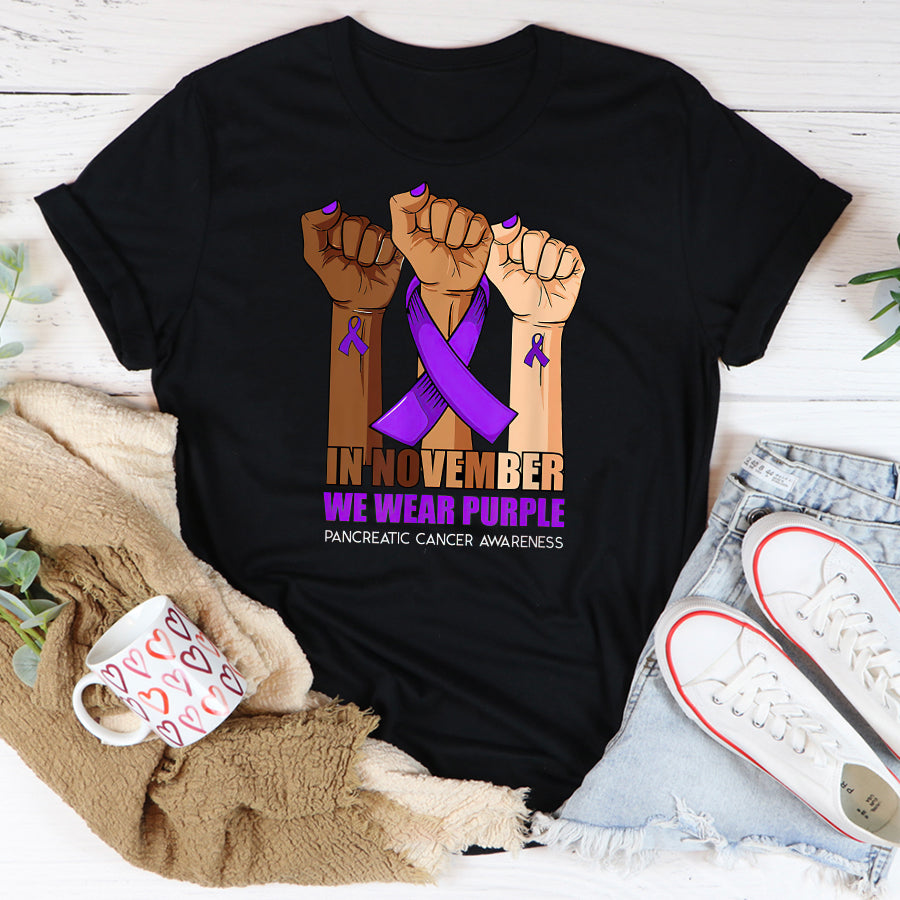 Hand In November We Wear Purple Pancreatic Cancer Awareness T Shirt , Pancreatic Cancer Awareness Ribbon Day Shirt ,Purple Ribbon Gift