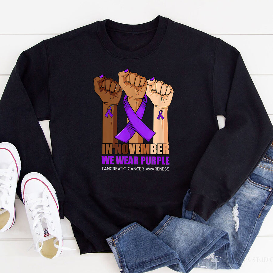 Hand In November We Wear Purple Pancreatic Cancer Awareness T Shirt , Pancreatic Cancer Awareness Ribbon Day Shirt ,Purple Ribbon Gift