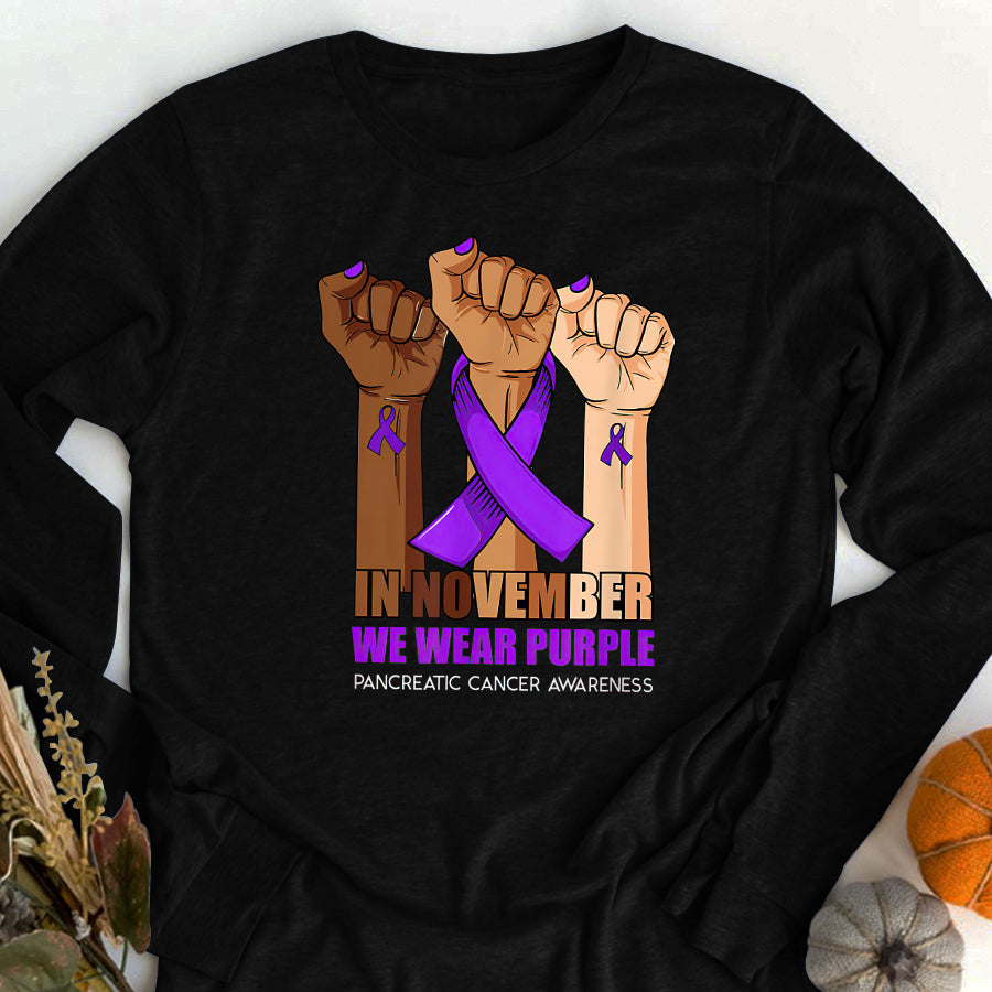 Hand In November We Wear Purple Pancreatic Cancer Awareness T Shirt , Pancreatic Cancer Awareness Ribbon Day Shirt ,Purple Ribbon Gift