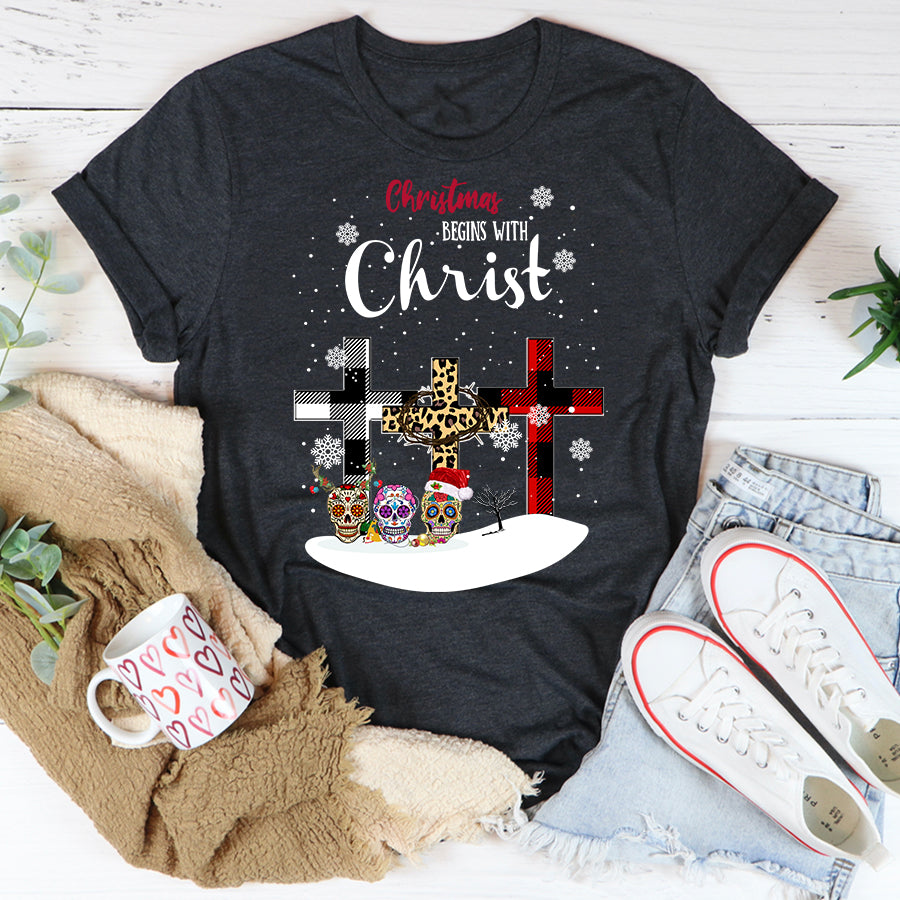 Christmas begins with christ shirt, Christian christmas shirts, Skull christian t shirts, Best christmas gifts unisex shirt, Christmas t shirts 2021