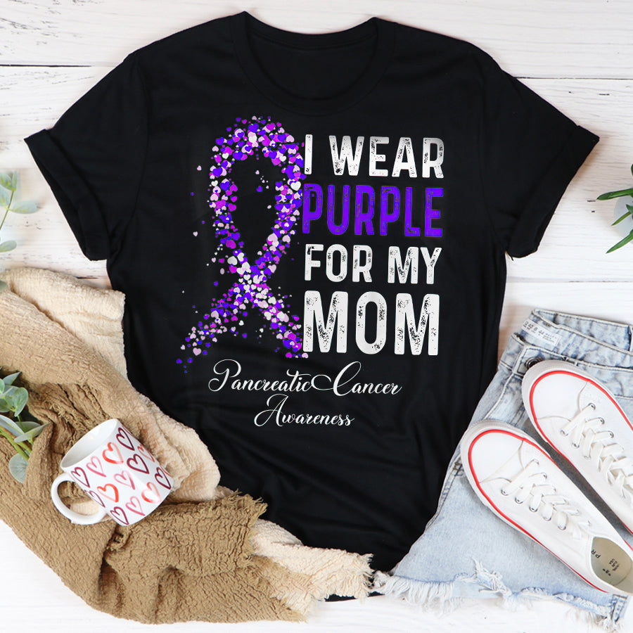 I Wear Purple For My Mom Pancreatic Cancer Awareness T Shirt , Pancreatic Cancer Awareness Ribbon Day Shirt ,Purple Ribbon Gift