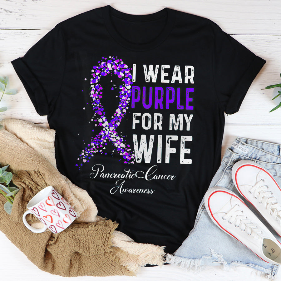 I Wear Purple For My Wife Pancreatic Cancer Awareness T Shirt , Pancreatic Cancer Awareness Ribbon Day Shirt ,Purple Ribbon Gift