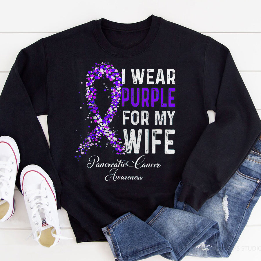 I Wear Purple For My Wife Pancreatic Cancer Awareness T Shirt , Pancreatic Cancer Awareness Ribbon Day Shirt ,Purple Ribbon Gift