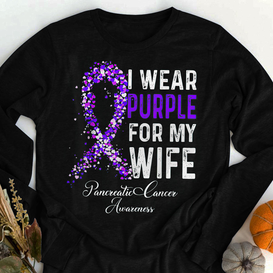 I Wear Purple For My Wife Pancreatic Cancer Awareness T Shirt , Pancreatic Cancer Awareness Ribbon Day Shirt ,Purple Ribbon Gift