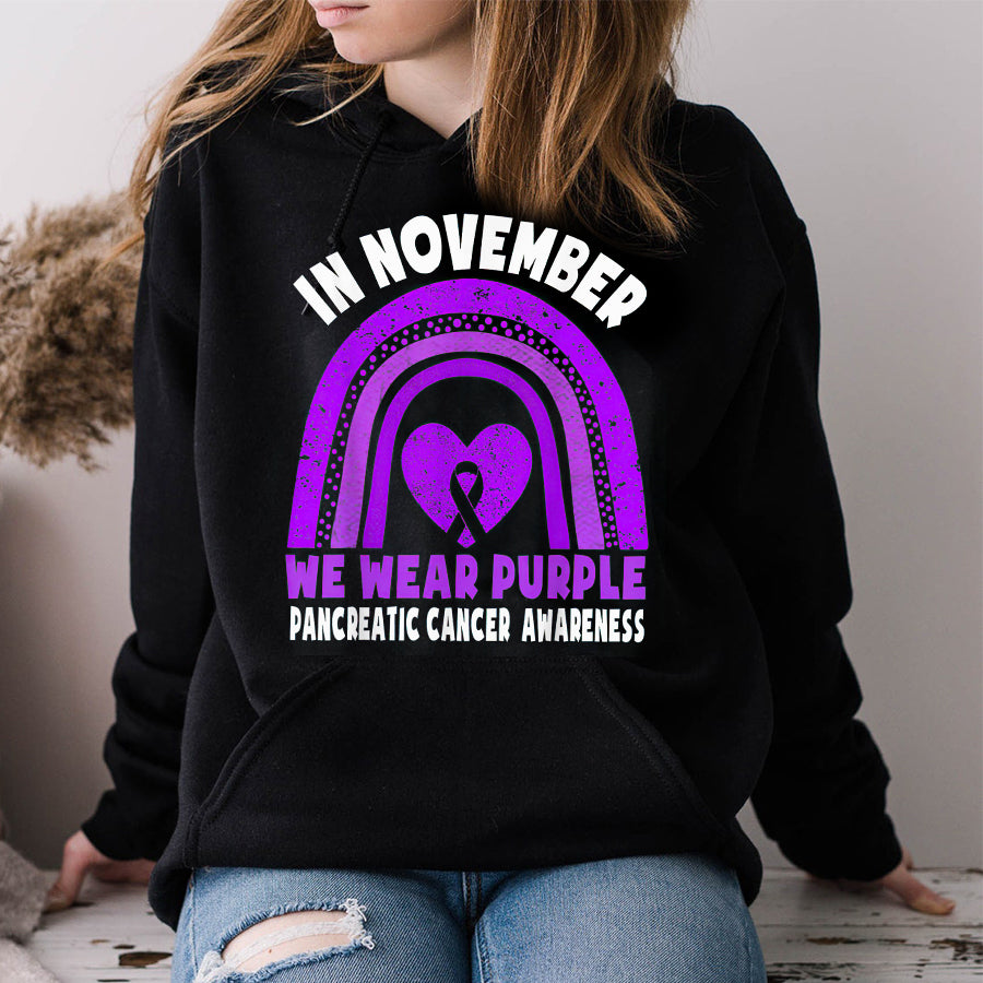 In November We Wear Purple Pancreatic Cancer Awareness Rainbow T Shirt , Pancreatic Cancer Awareness Ribbon Day Shirt ,Purple Ribbon Gift
