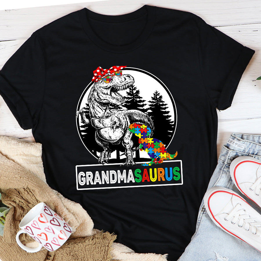 Grandmasaurus T rex Dinosaur Grandma Saurus Mother's Family T-Shirt Grandma Autism Awareness Shirt For Women