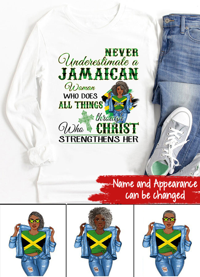 Jamaica Girl Queen Shirt Jamaincan Queen African American Afro Woman Jamaica Flag Gift Never Underestimate A Jamaican Woman Who Does All Things Through Who Christ Strengthens Her T-Shirt