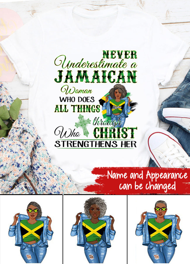 Jamaica Girl Queen Shirt Jamaincan Queen African American Afro Woman Jamaica Flag Gift Never Underestimate A Jamaican Woman Who Does All Things Through Who Christ Strengthens Her T-Shirt