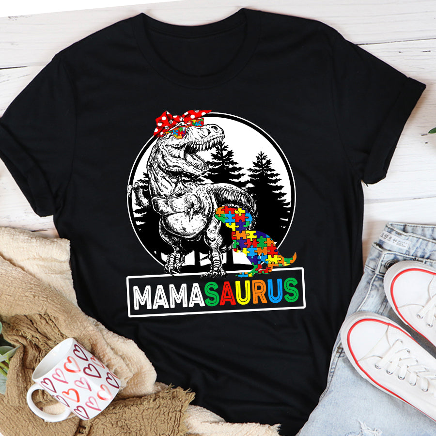 Mamasaurus T rex Dinosaur Mama Saurus Mother's Family T-Shirt Mom Autism Awareness Shirt For Women