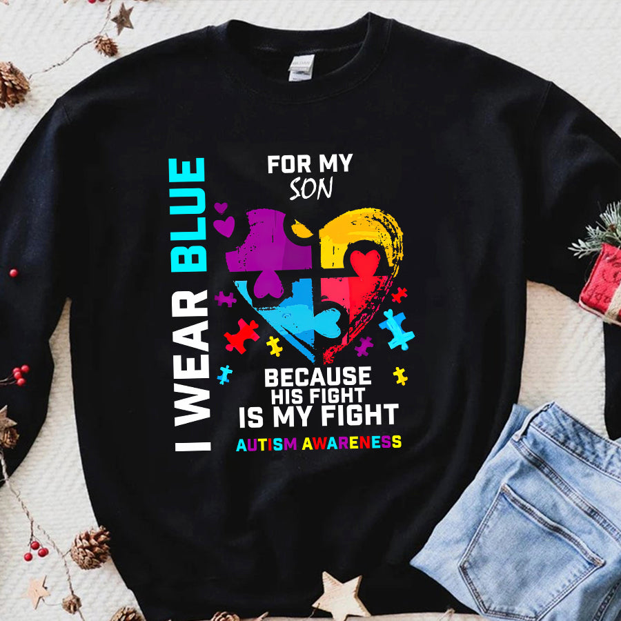 I Wear Blue For My Son Autism Awareness T-Shirt Dad Mom Autism Awareness Shirt